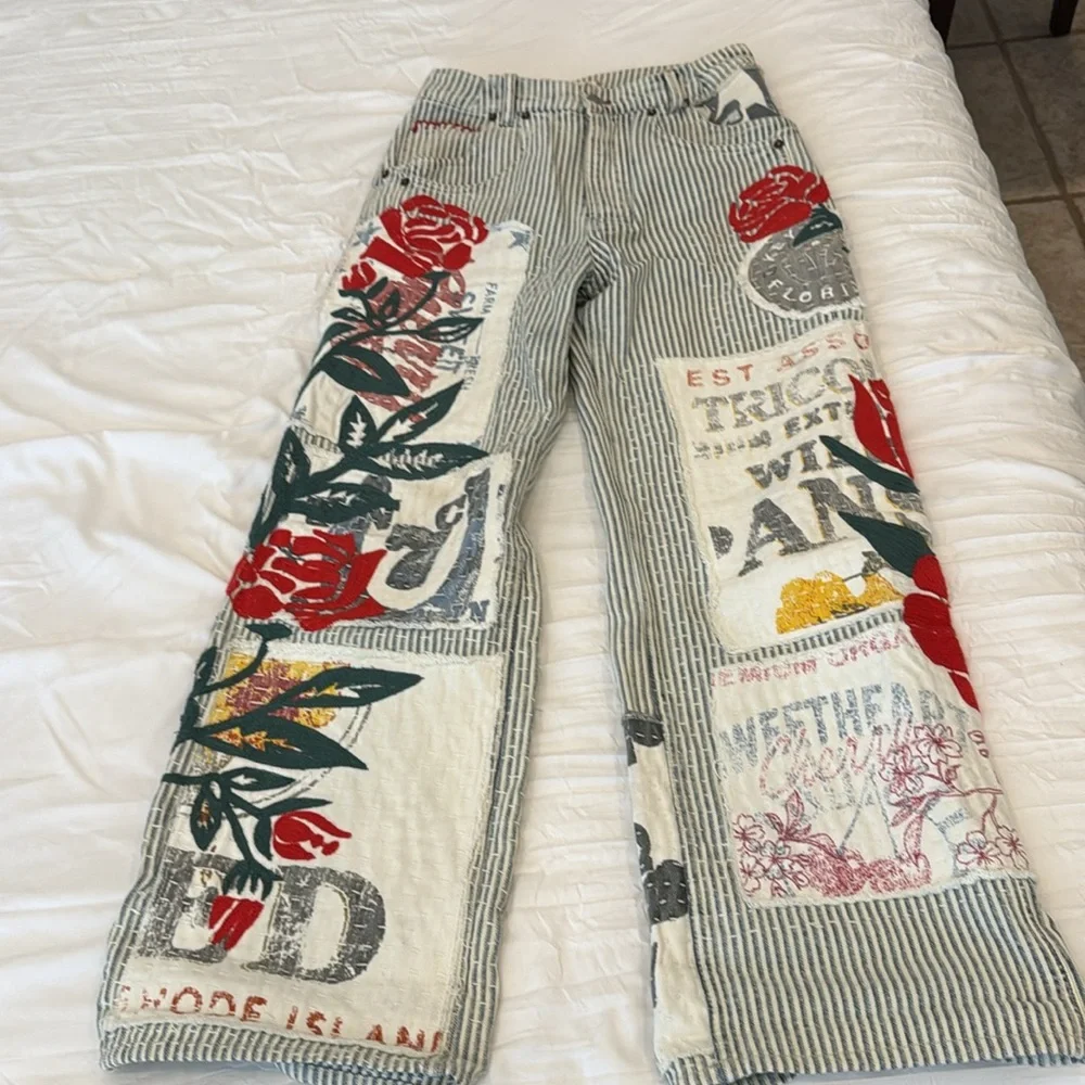 We The Free Lost and Found Patch Detail Railroad Striped Denim Pants size 25 - Picture 3 of 5